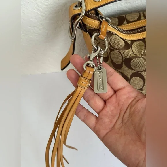 Coach Y2K Signature Canvas Leather Tan Shoulder Bag w Tassel